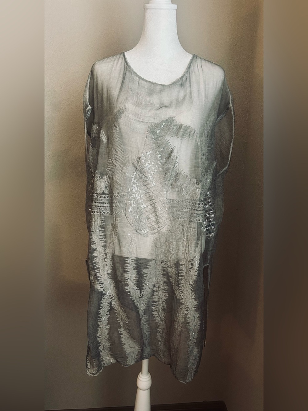 Brand Unique 100% Silk Italian Sequin Sheer Tunic Cover Up L